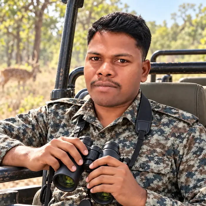 Pravin Sudhakar Surpam, wildlife naturalist, seated in a safari Gypsy with binoculars in Tipeshwar